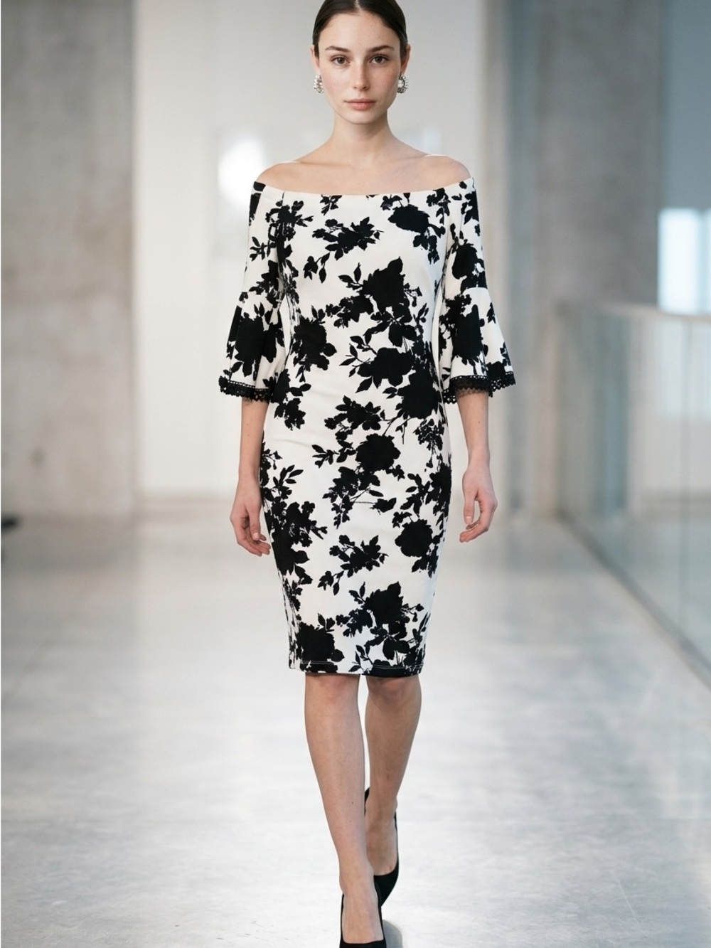 Premier Black and White Off-Shoulder Floral Sheath Dress